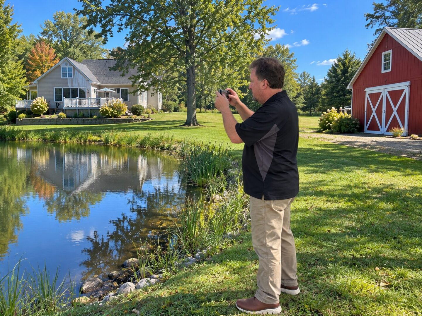 Residential real estate appraiser observing a rural property with a pond in Western New York